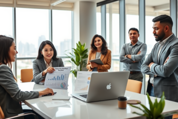 A diverse group of entrepreneurs discussing business loan options.