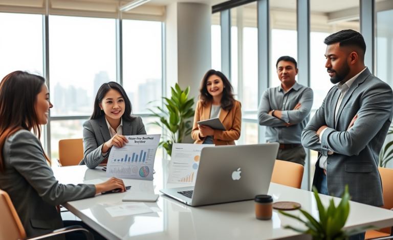 A diverse group of entrepreneurs discussing business loan options.