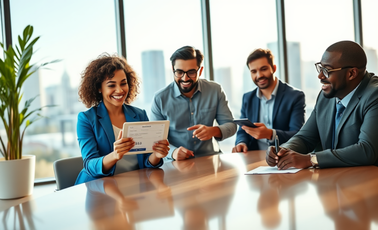 A person happily receiving approval for a loan online